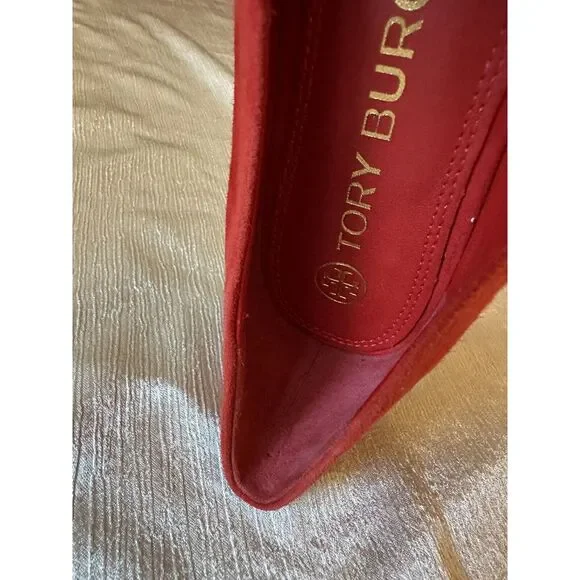 NEW ish Tory Burch Georgia Square Toe Silk Suede Triple Red Ballet Flat Sz 9 Box - Picture 10 of 16